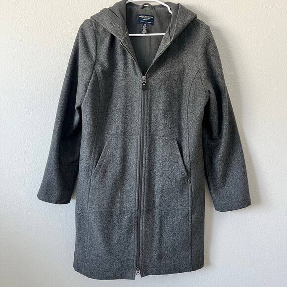 American Eagle Women's Gray Wool Blend Hooded Long Full Zip Up Coat | Size M - Picture 2 of 8